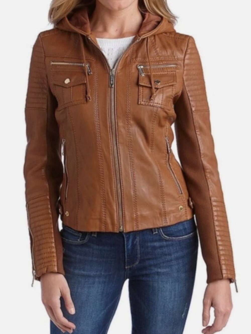 Michael Kors Womens Leather Moto Jacket Hooded Tan Camel Zip Front Size XS